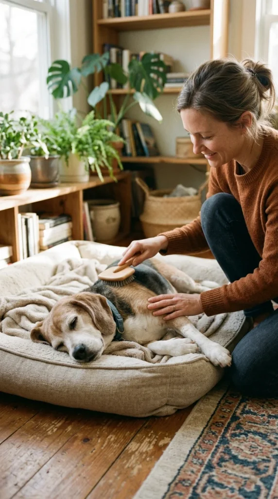 Person gently brushing a senior Beagle resting on a dog bed