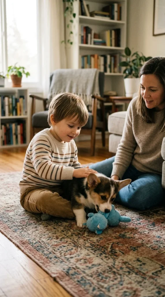 Child gently petting a Corgi puppy with a toy while a parent supervises