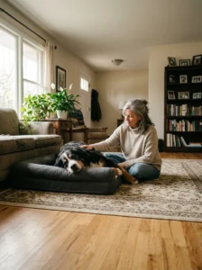 Senior Bernese Mountain Dog resting on a supportive bed at home