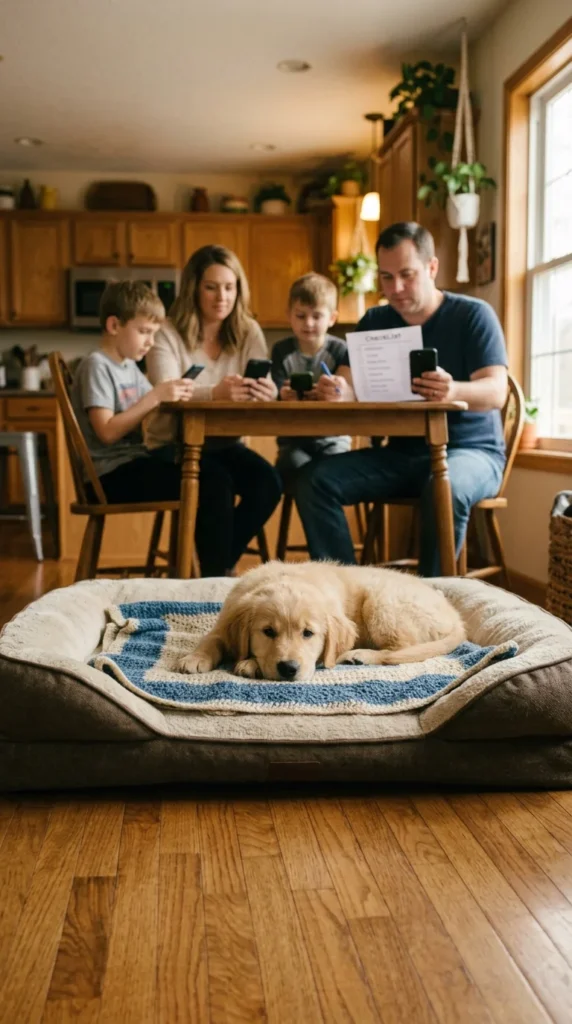 Family preparing emergency contacts and a checklist with a puppy resting nearby