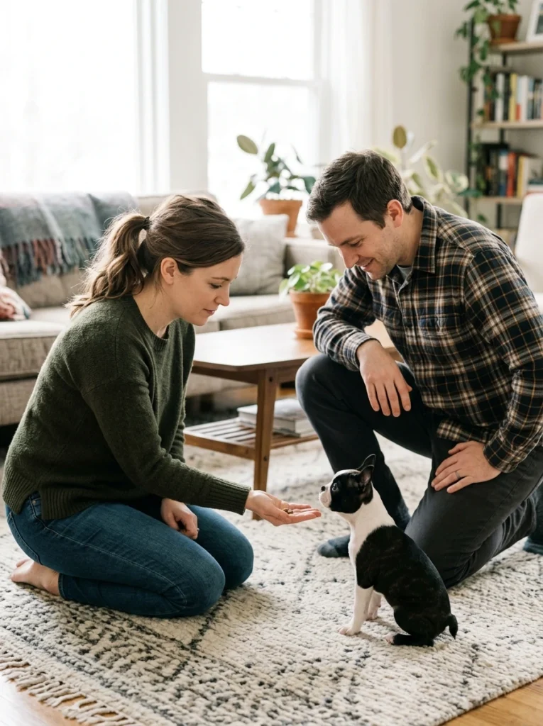 Two adults rewarding a Boston terrier puppy for calm behavior