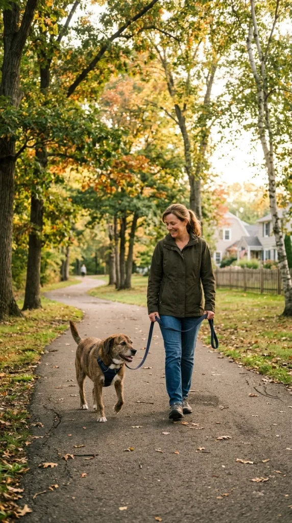 Owner taking an overweight dog on a gentle morning walk in a park