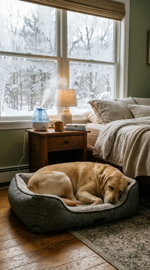 Labrador sleeping near a humidifier in a winter bedroom to ease dry skin
