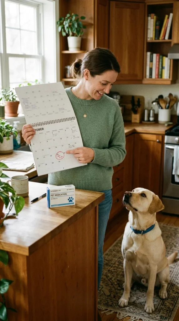 Owner with a monthly reminder calendar planning a dog's parasite prevention