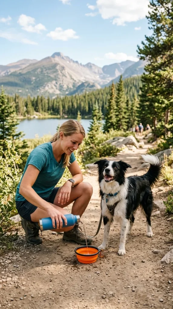 Owner filling a portable water bowl for a Border Collie during a park walk