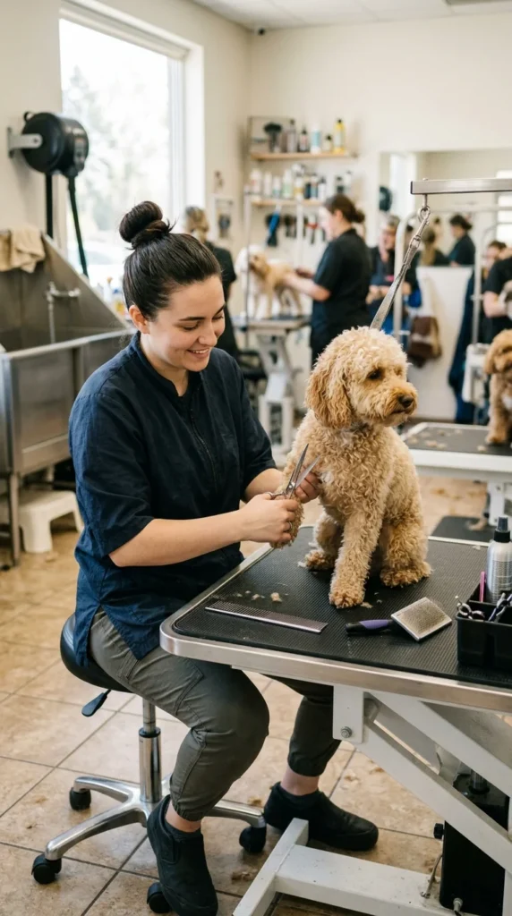 Professional groomer carefully grooming a small curly-coated dog