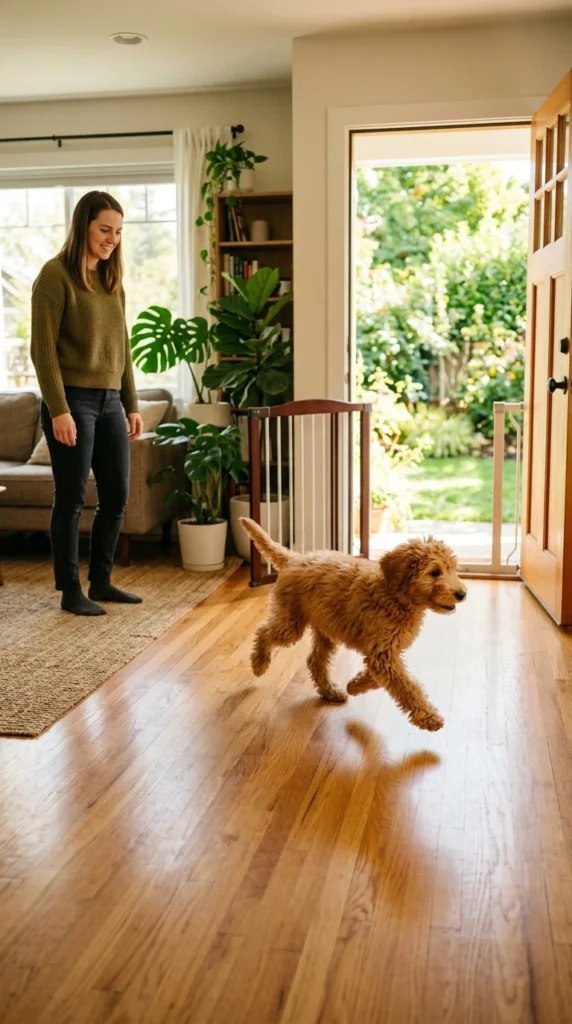Goldendoodle puppy walking toward the back door as its owner supervises