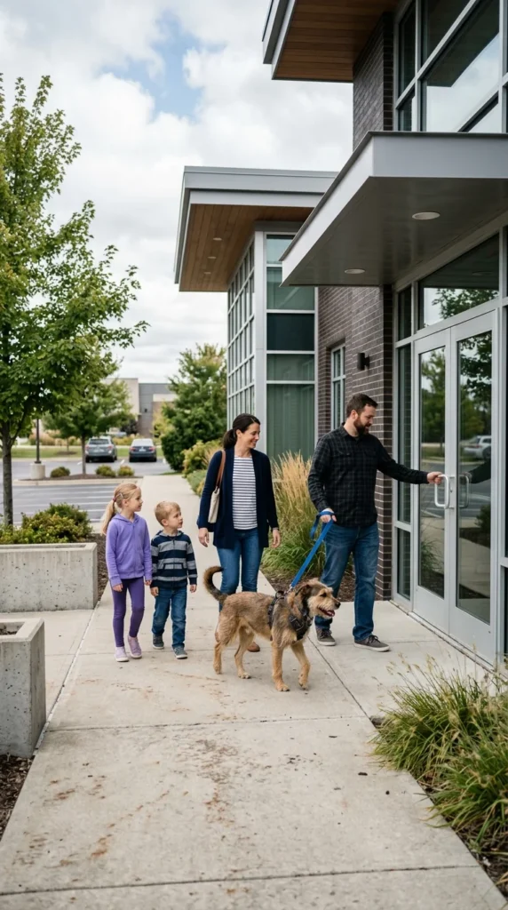 Family bringing their dog into a veterinary clinic