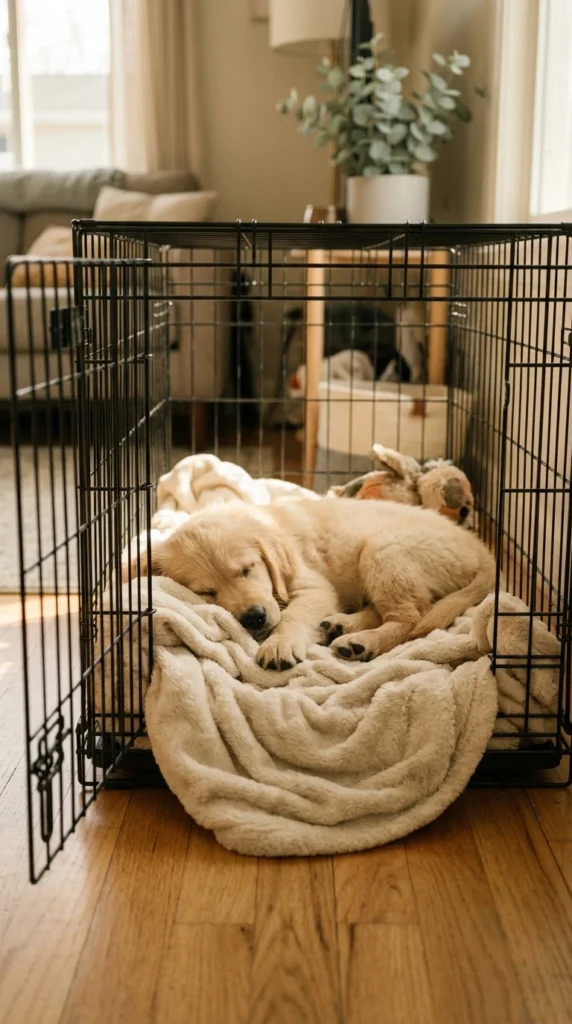 Tired puppy sleeping peacefully in a crate