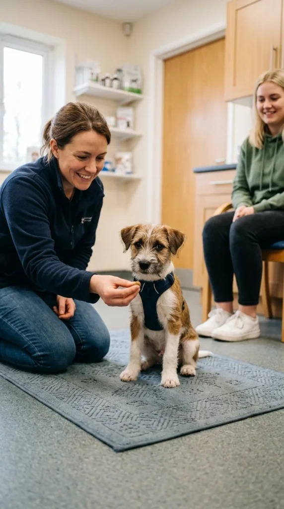 Trainer helping a shy puppy gain confidence with treats and patience