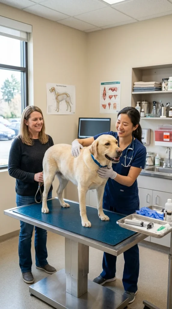 Veterinarian checking a Labrador's skin and coat during an exam