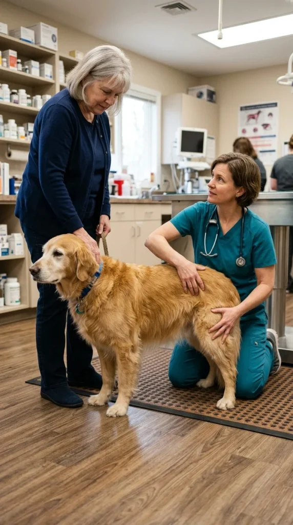 Veterinarian checking a senior Golden Retriever's hip before an exercise plan