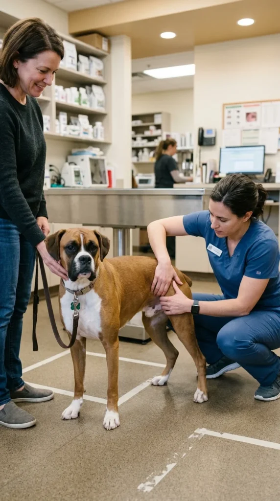 Veterinarian examining a Boxer's hip and leg for signs of pain