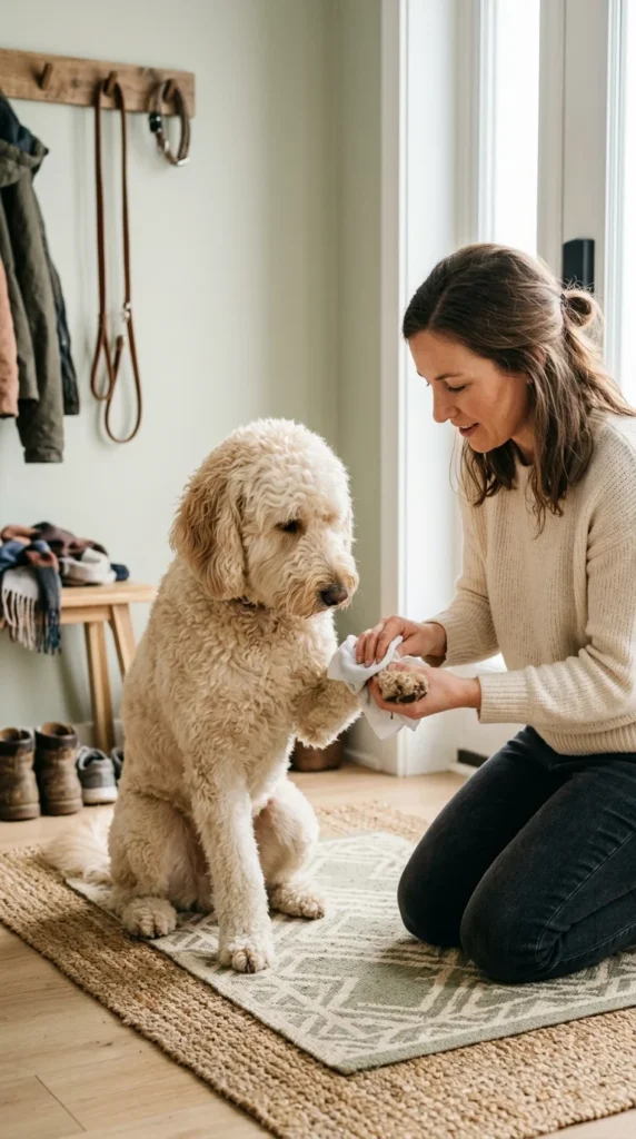 Owner wiping a Goldendoodle's paws with a damp cloth after a walk