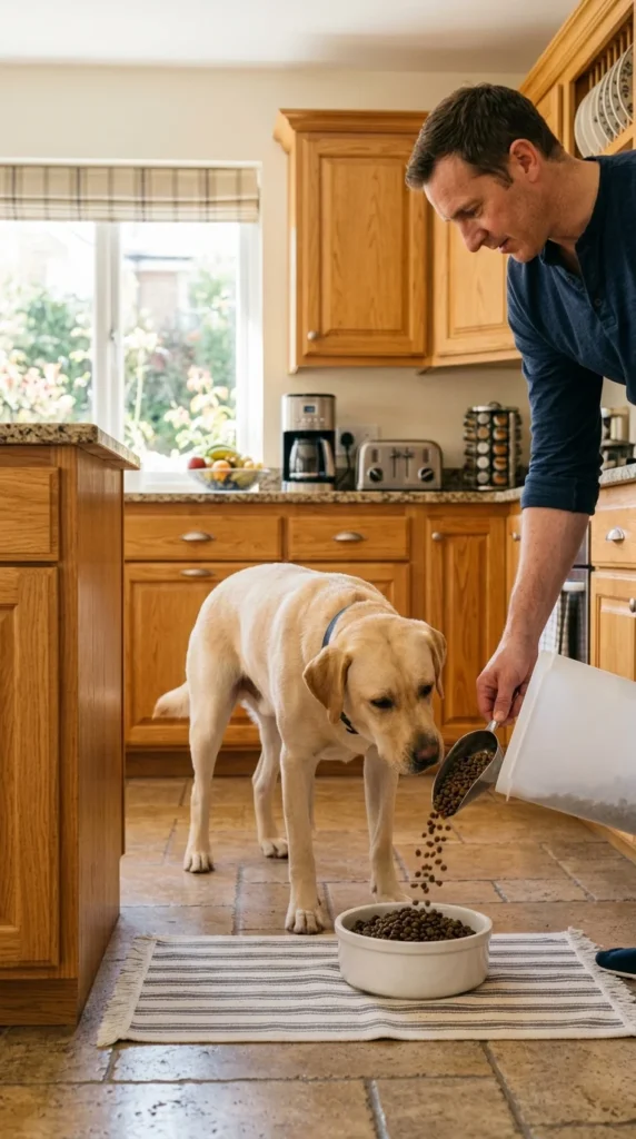 Young Labrador getting a bowl of food during the switch to adult dog food