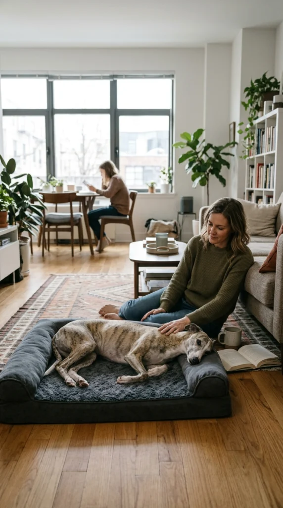 A healthy family dog relaxing comfortably near an adult and family members in a realistic