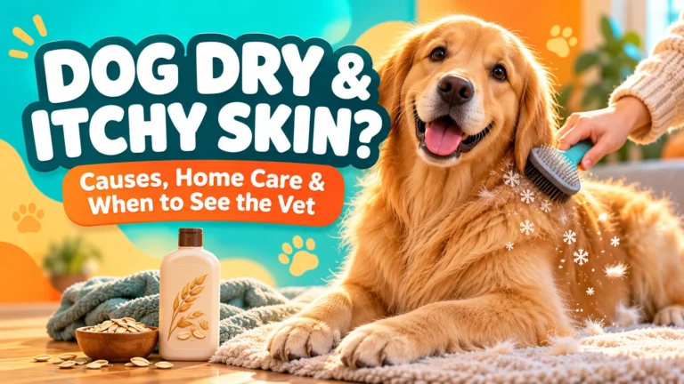 Owner brushing a golden retriever with dog shampoo and brush nearby for dry skin care