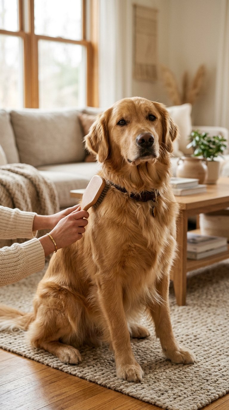 Golden Retriever being gently groomed at home