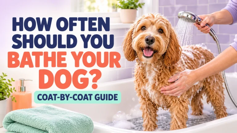 Happy apricot Cockapoo having a gentle bath in a bright bathroom, with a headline about how often to bathe your dog.