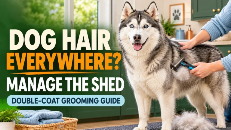 Owner gently brushing a Siberian Husky's thick double coat with an undercoat rake, with a dog-shedding management headline.
