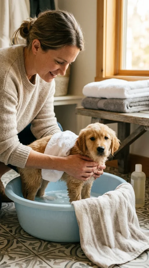 Person gently bathing a small puppy with mild dog shampoo