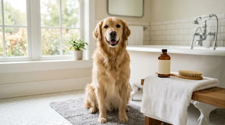 Golden retriever sitting in a bright bathroom beside dog shampoo and a towel