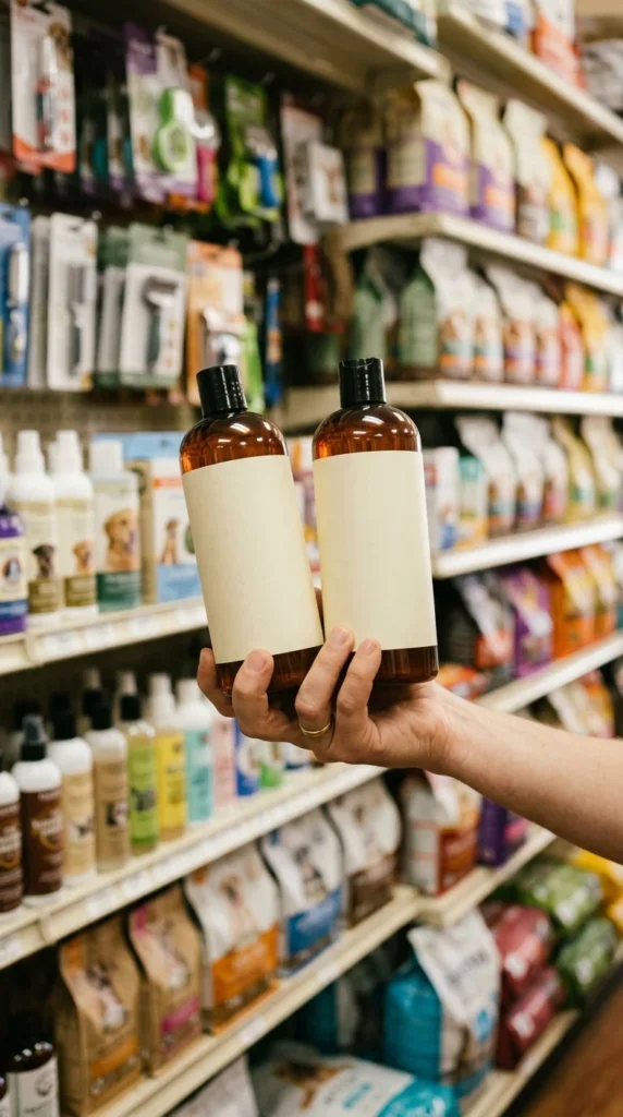 Shopper comparing two dog shampoo bottles in a pet store aisle