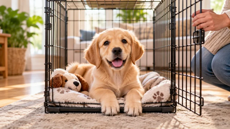 Golden retriever puppy relaxing on a blanket inside an open crate at home