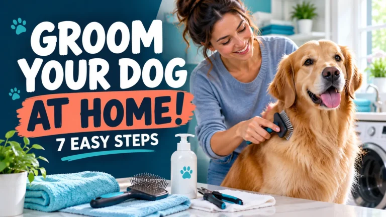 Person drying a Golden dog with a towel beside brushes and dog shampoo at home