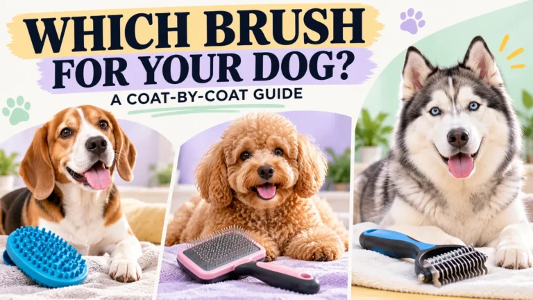 Beagle, Poodle, and Siberian Husky pictured with different grooming brushes in a dog brushing guide for every coat type.
