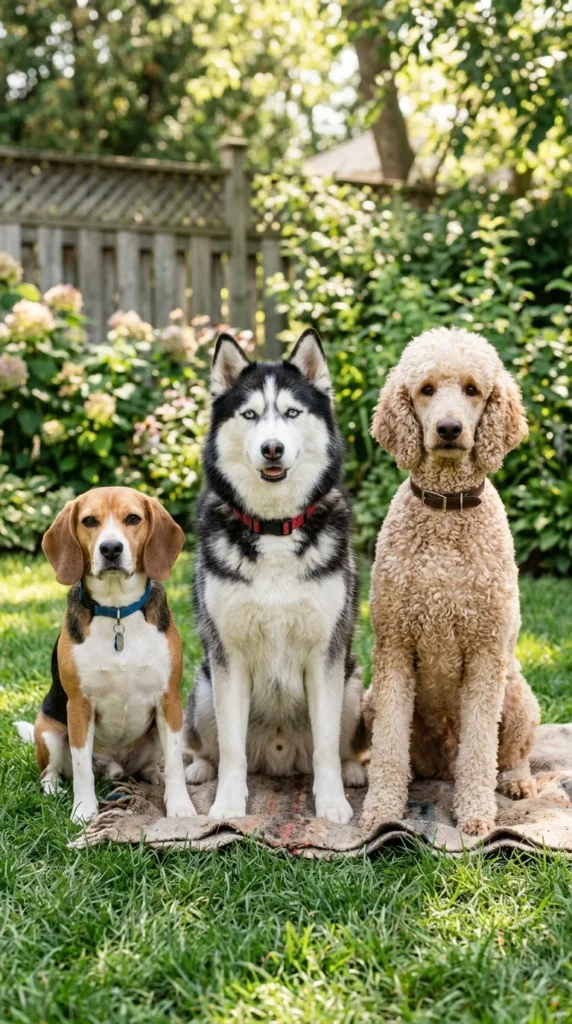 Beagle, Husky, and Poodle showing three different dog coat types