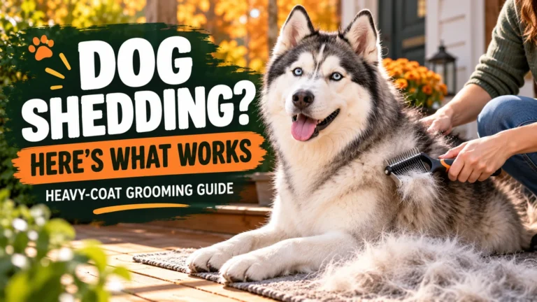 Owner gently removing loose undercoat from a Siberian Husky using a grooming rake, with a dog shedding guide headline.