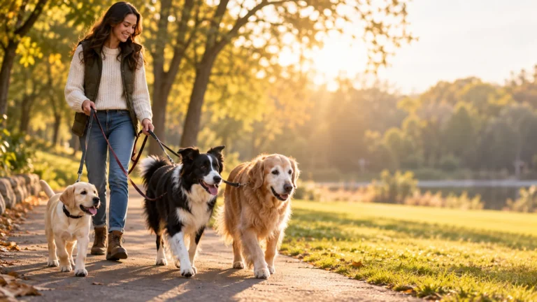 Puppy, adult, and senior dogs walking together with their owner in a park