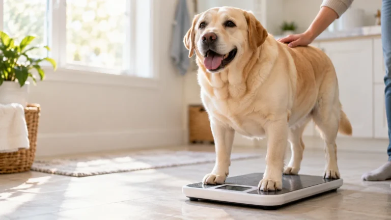 Labrador Retriever on a pet scale at home while the owner checks its weight