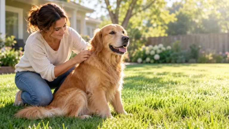 Owner checking a Golden Retriever's coat in a backyard as part of parasite prevention