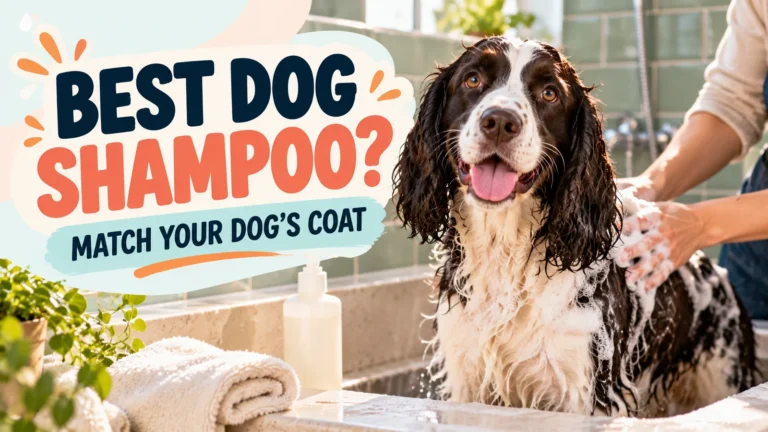 Black-and-white English Springer Spaniel enjoying a gentle shampoo bath with the headline Best Dog Shampoo? Match Your Dog's Coat.