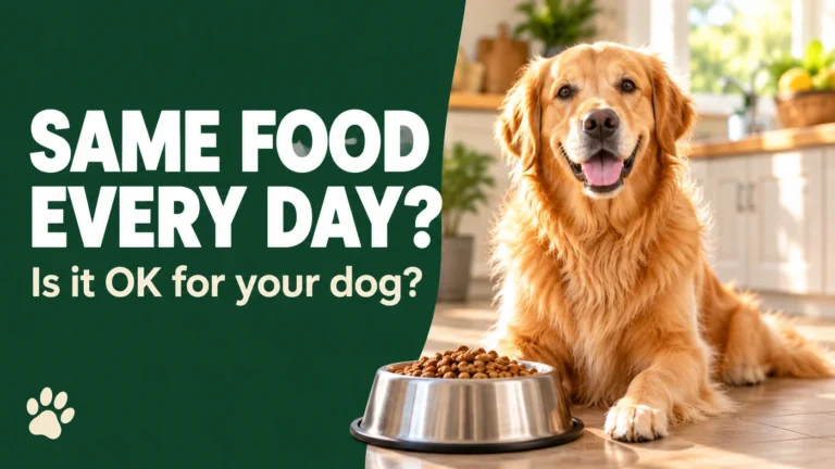 Happy golden retriever sitting beside a bowl of measured kibble in a bright kitchen