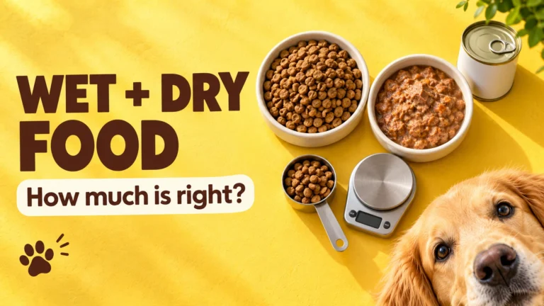 Bowls of wet and dry dog food with a measuring cup and a golden retriever peeking in