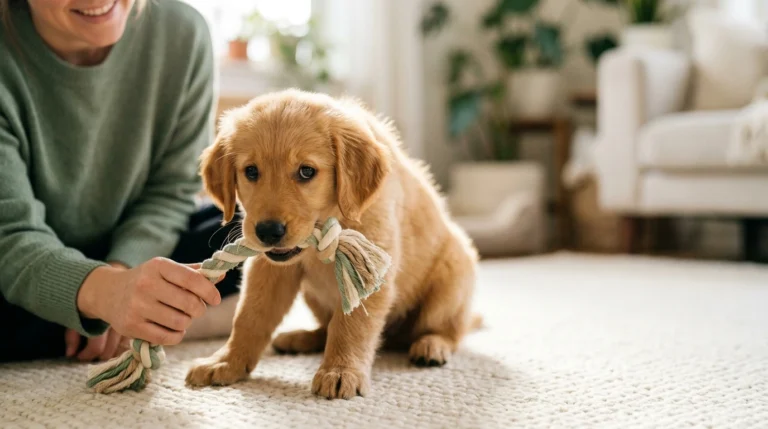 Golden retriever puppy chewing a rope toy held by its owner