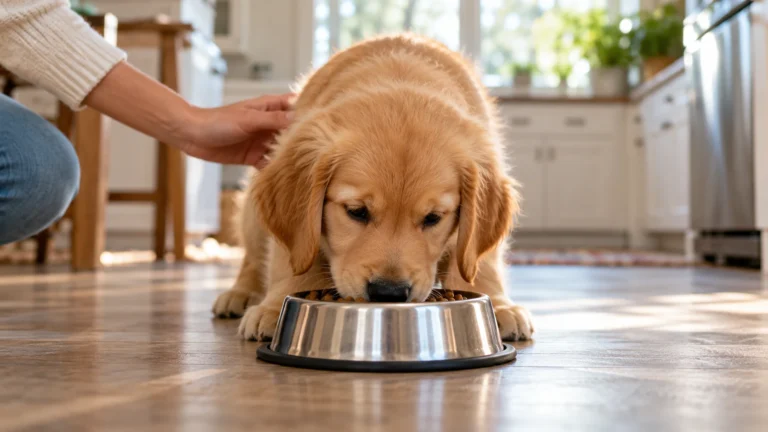 Golden retriever puppy eating from a bowl in a bright kitchen