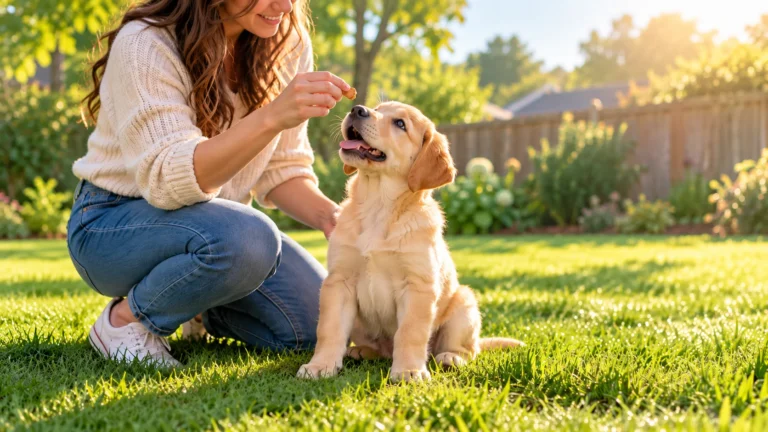 Labrador puppy looking up at its owner for a treat on a backyard lawn during potty training