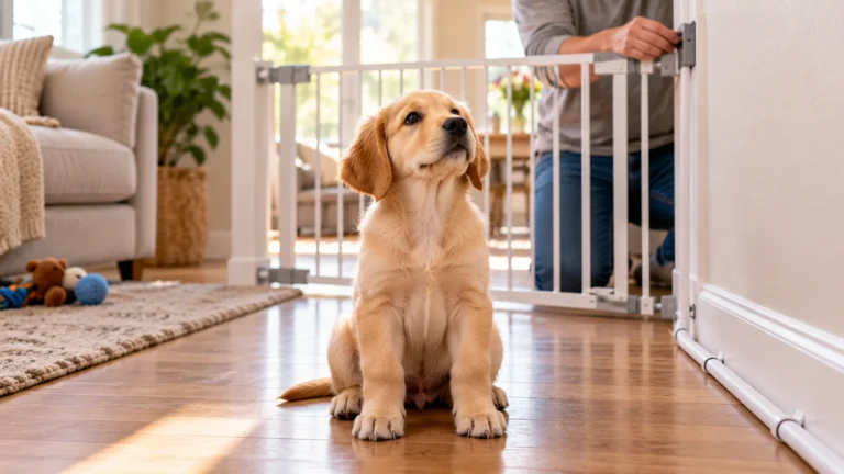Golden retriever puppy in a puppy-proofed living room with a baby gate