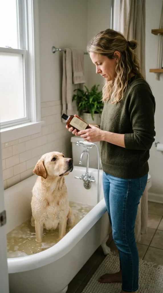 Dog owner reading a dog shampoo label beside a Labrador in the bathtub