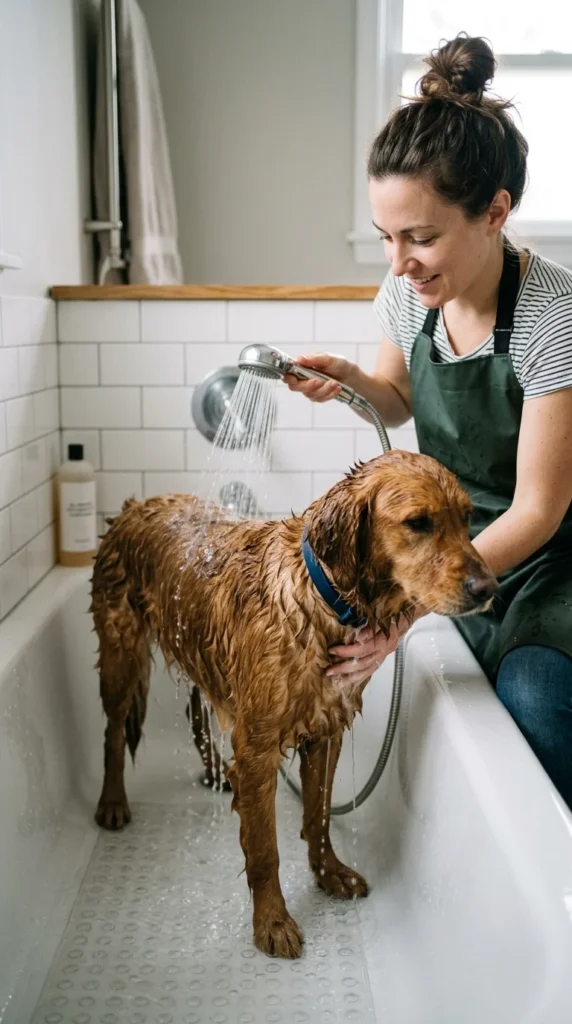 Owner rinsing shampoo from a dog's coat with a handheld sprayer