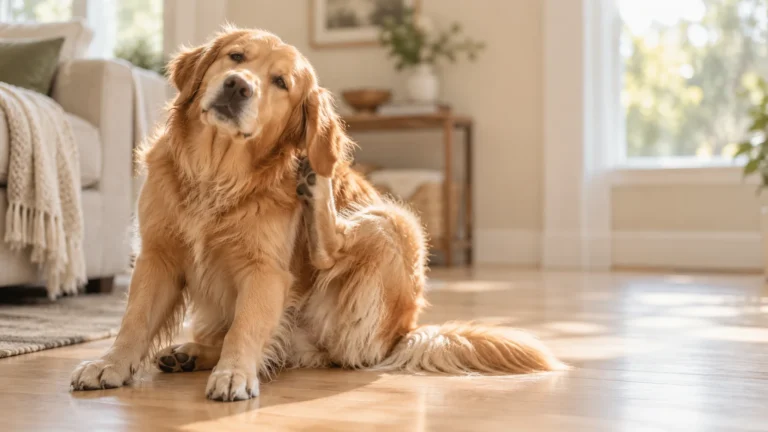 Golden retriever scratching its ear on a living room floor, a common sign of dog allergies