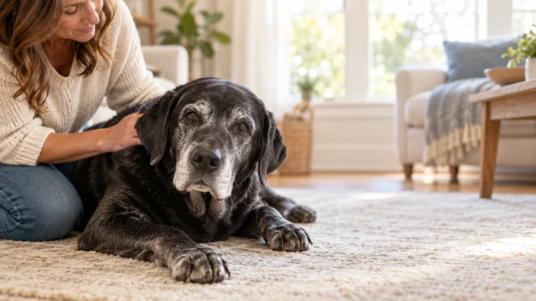 Owner comforting a senior Labrador who may be in pain on a living room rug
