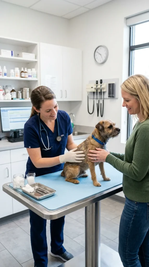 Veterinarian examining a terrier's skin during a clinic visit
